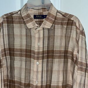 Polo Ralph Lauren Brown Tan Plaid Tartan 100% linen Travel Button Down LS Shirt